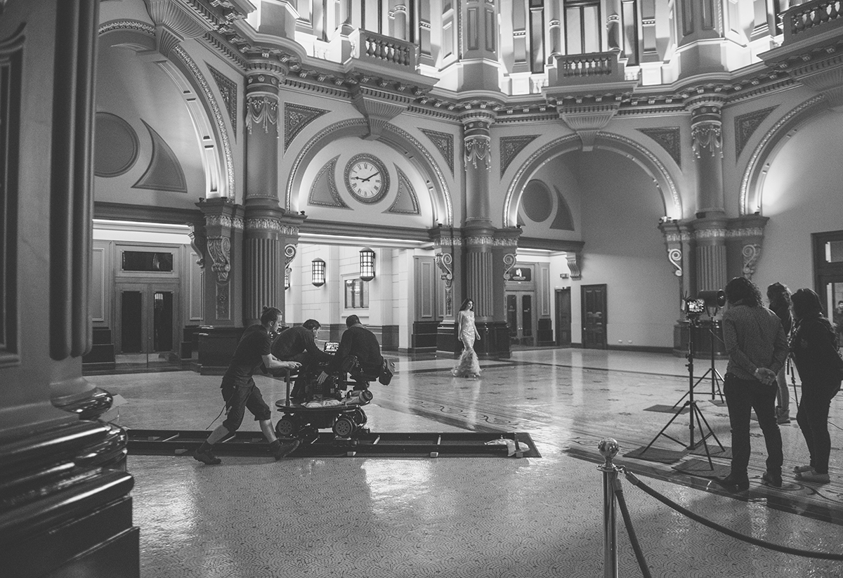 Exterior view of the iconic 333 Collins Street building in Melbourne during a professional film shoot with Melbourne Films, highlighting its architectural elegance.