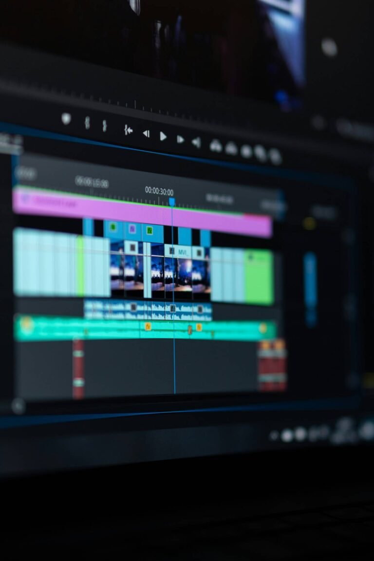 Video editor creating professional marketing content in a post-production studio